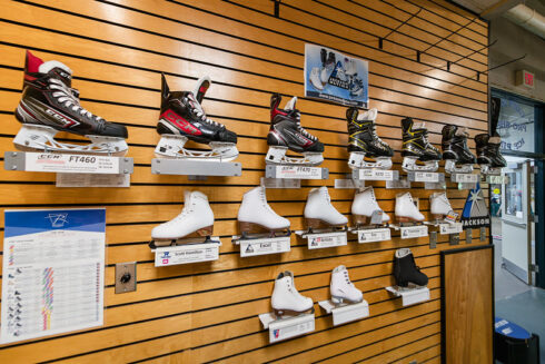 skate display wall in pro shop