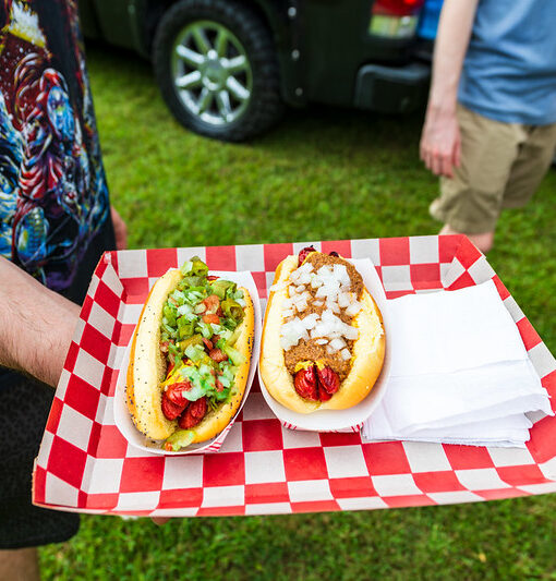 2 hot dogs with toppings