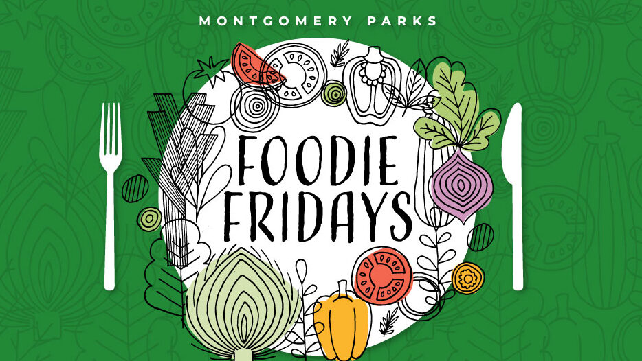 Foodie Fridays Graphic - a fork, knife, and plate with colorful drawings of vegetables