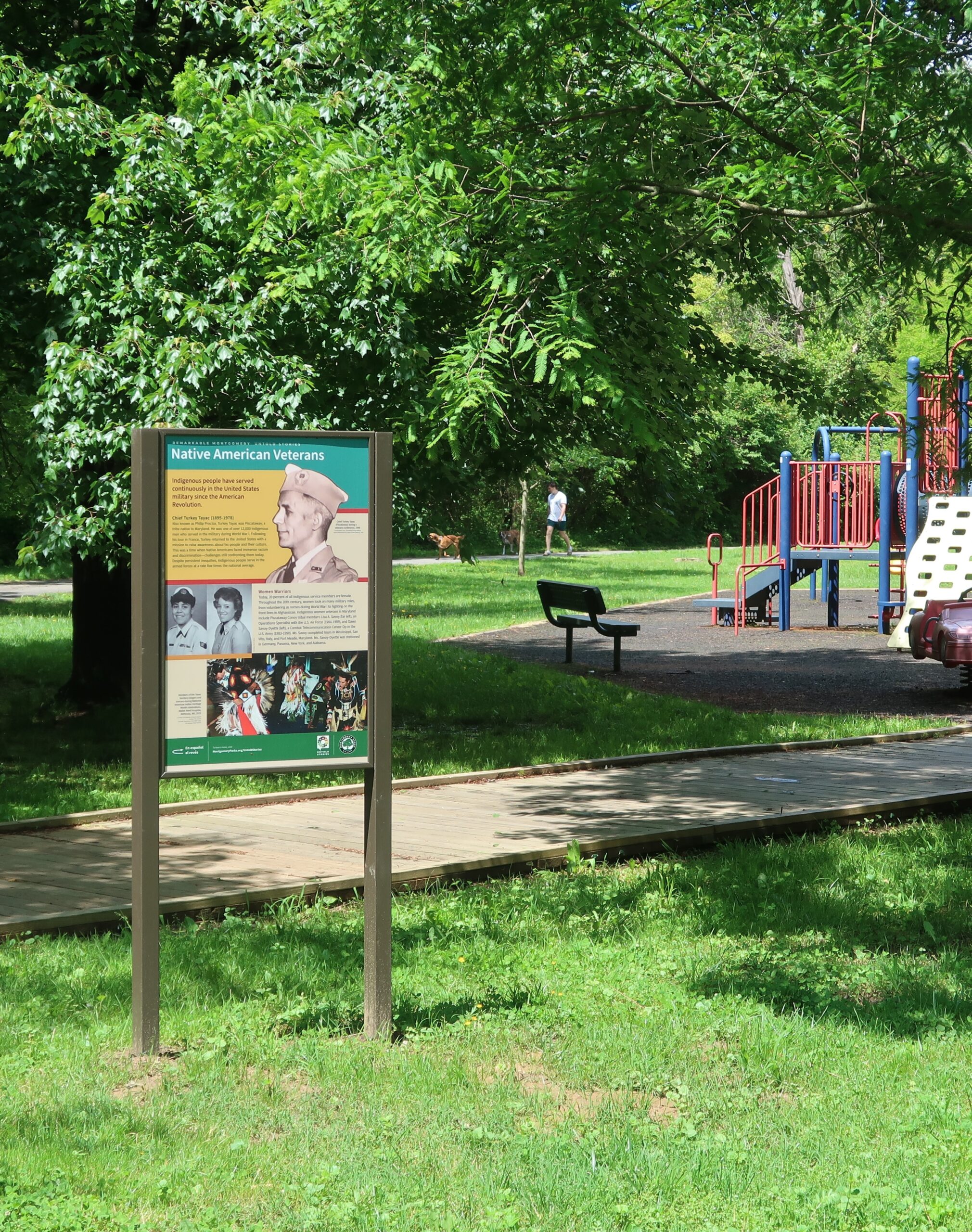 A color photo of an educational sign titled Native American Veterans near a playground