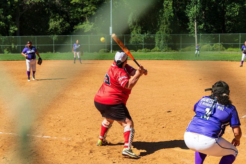 A softball player up to bat