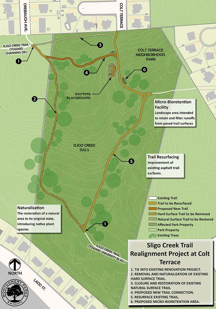 A map showing proposed trail removal, resurfacing, and creation of new trail in the vicinity of Colt Terrace Neighborhood Park.