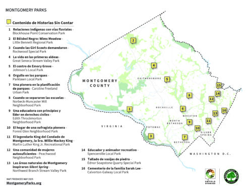 Map showing locations of Untold Stories within Montgomery Parks in Spanish