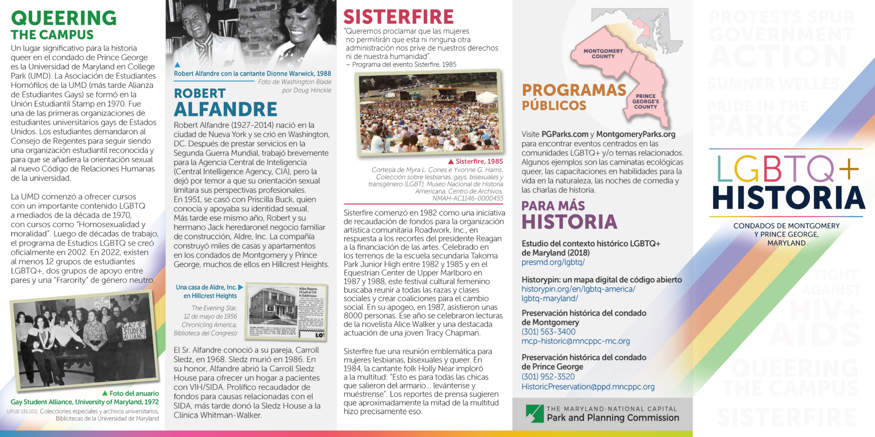 image shows text and images from a brochure titled LGBTQ+ Historia: Candados de Montgomery y Prince George's, Maryland
