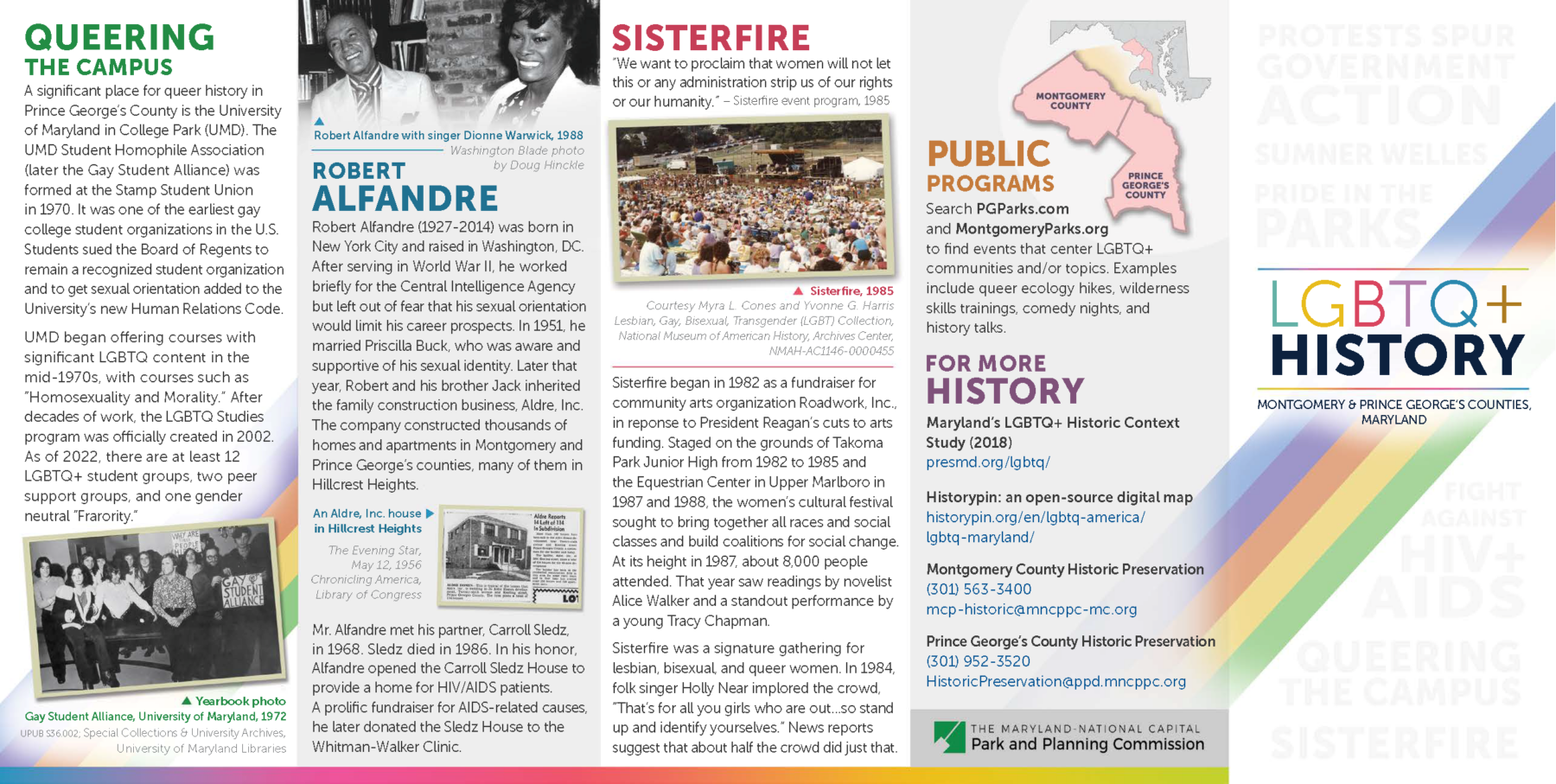 image shows text and images from a brochure titled LGBTQ+ History Montgomery & Prince George's Counties, Maryland