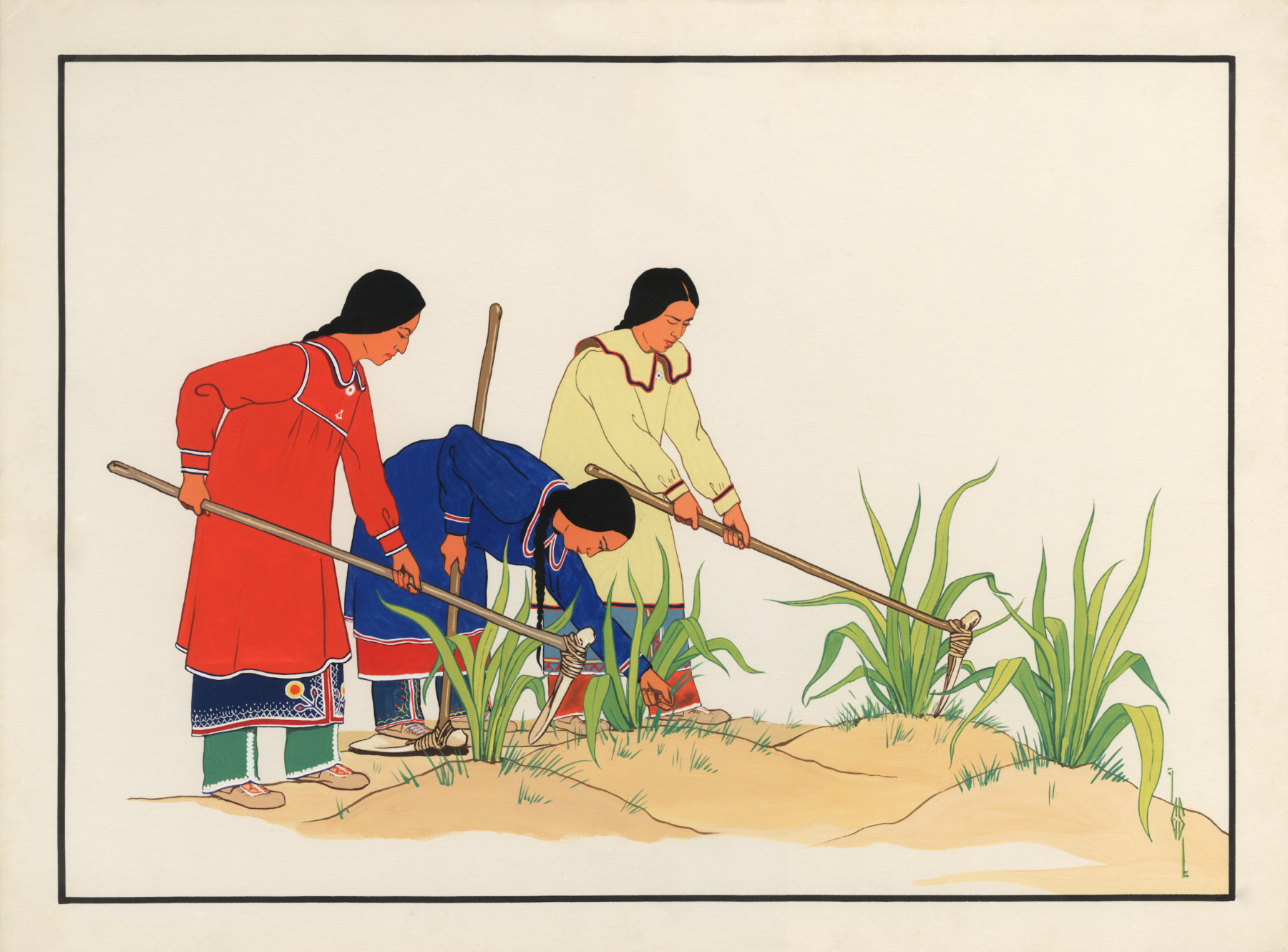 A watercolor illustration by Ernest Smith showing three Indigenous women hoeing corn. They wear brightly colored outfits.